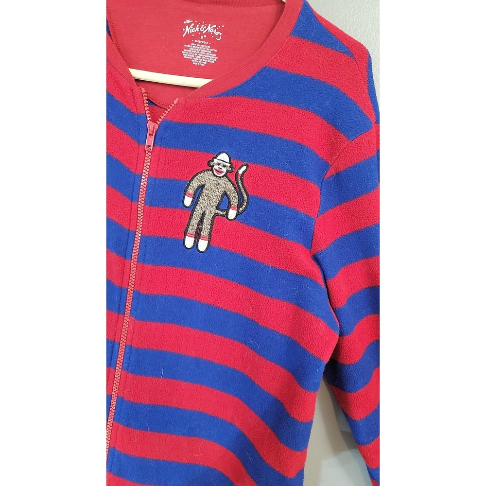 Nick & Nora vintage Sock Monkey Fleece Footed Pajamas One‎ Piece Sleepwear M
